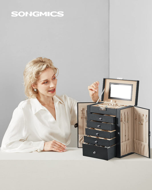 SONGMICS Jewelry Box 6-Tier, Jewelry Case with 5 Drawers, ample storage, interior mirror, lockable, jewelry storage, gift for your loved ones, for watches, black JBC152B01