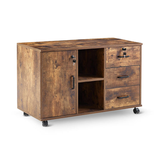 OFCASA Mobile File Cabinet with 3 drawers, lockable office rolling cabinet with wheels, 1 door, 2 shelves, 2 locks, industrial wood storage cabinet for home office, 90 x 40 x 55 cm