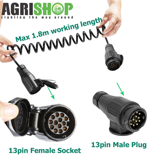 AgriShop Trailer Extension Cable Adapter 13-Pin to 13-Pin, 1.8M Coiled Trailer Cable 13-pin Trailer Extension with Male Female Plug, Adapter Trailer Coupling 13 to 13 pin CE