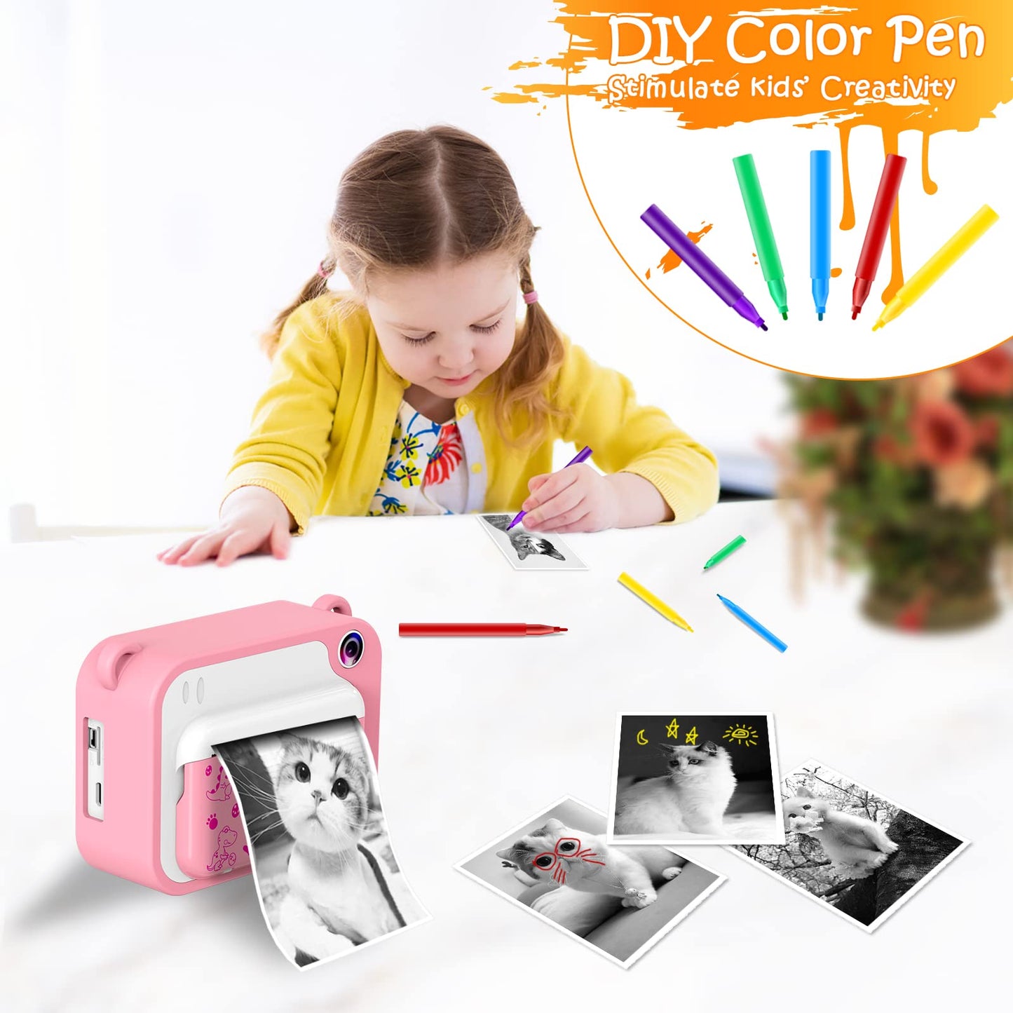 Children's camera, digital camera, instant print camera, 1080P, 2.4-inch screen, video camera, black and white film camera with 32GB card, 3 rolls of printing paper, 5 colored brush pens. A gift for children aged 3-12 years.