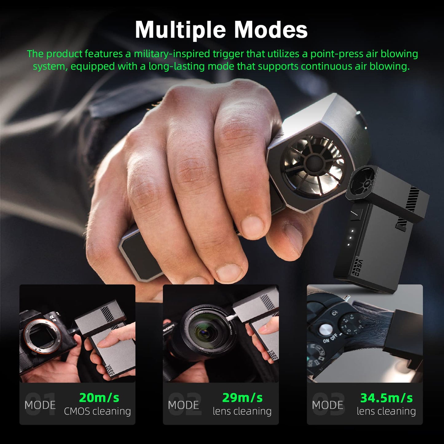 VSGO Electric Air Blower for camera and lenses, keyboards, and other electronic device cleaning. 100,000 RPM high-speed motor, 120 km/h wind speed.