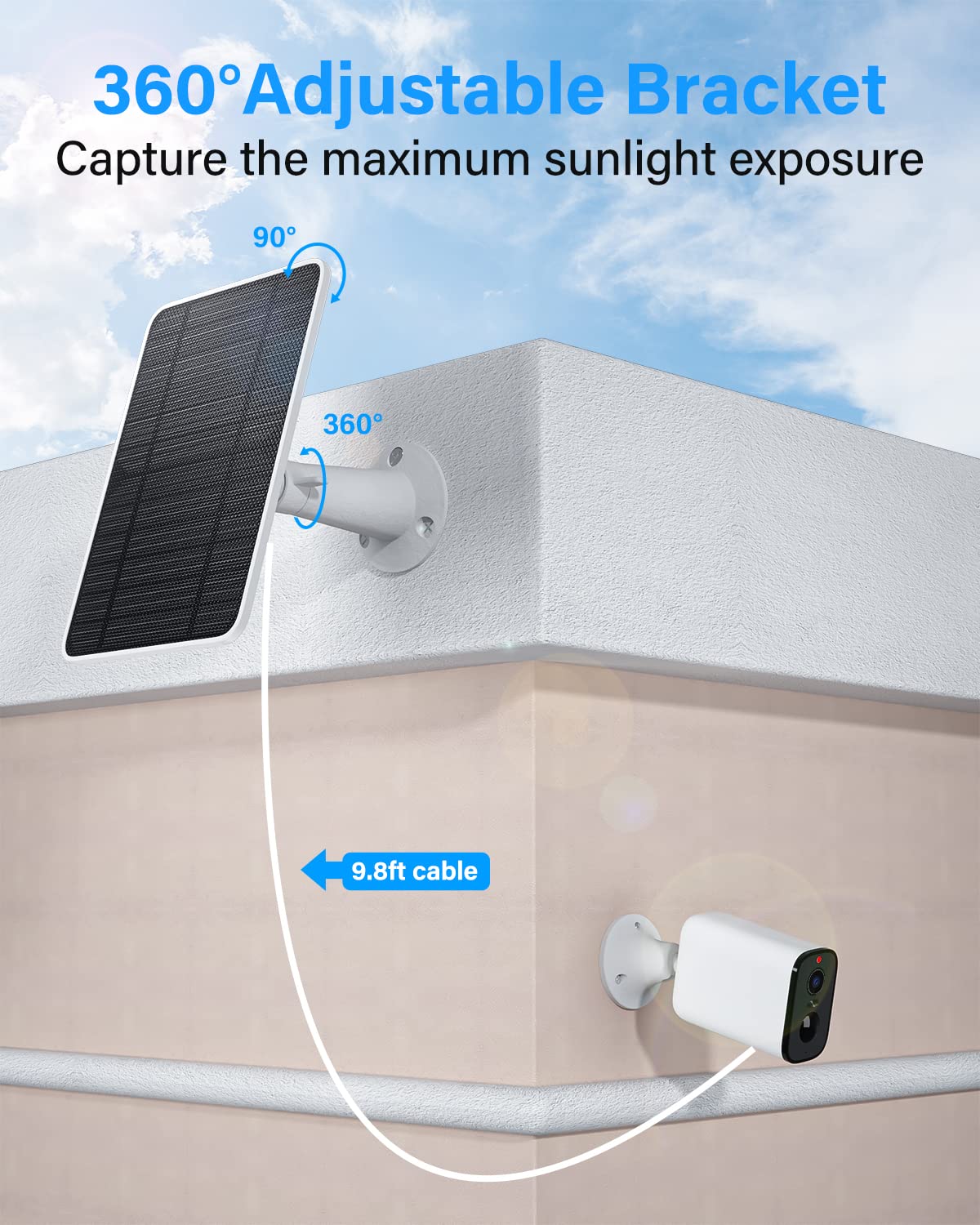 Solar panel compatible with Pro 4, Pro 3, Ultra, Ultra 2 & Floodlight outdoor security cameras. 5V4W solar panels charge IP65 weather-resistant with 3m magnetic charging cable, adjustable bracket, 2 pack.