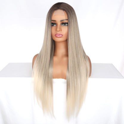 PORSMEER Ombre Blonde Wig Long Straight Lace Front Wigs for Women/Girls Natural Synthetic Brown Blonde Mix Wig for everyday wear or costume.