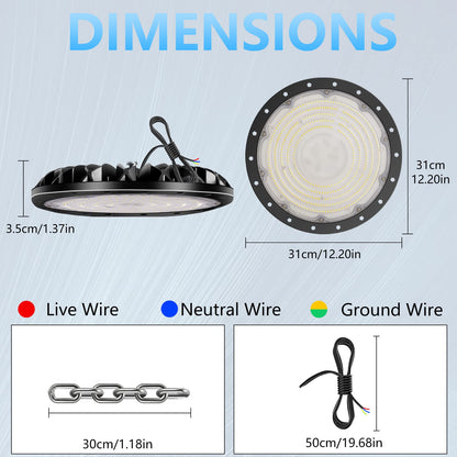loyal 300W LED high bay light, 30000LM 6000K cool white UFO workshop lamp, IP65 waterproof LEDs industrial lamp for factories airport patio restaurant workshop