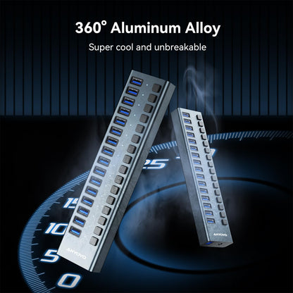 USB Hub 3.1 with 90W power supply, 16 Port USB 3.1 Aluminum Hub Active 3.1 with 12V/7.5A power supply USB hub with power supply for laptop, PC, computer, mobile HDD, flash drive.