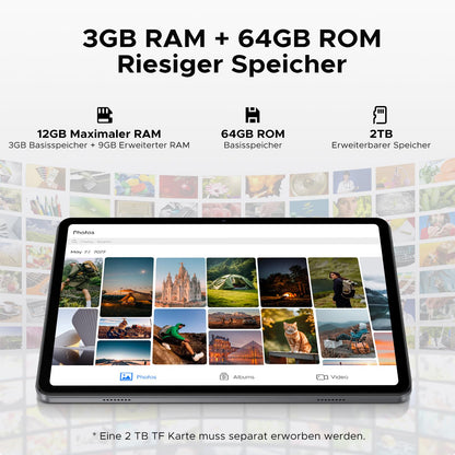 DOOGEE Tab A9 10-inch Android 15 Tablet, 12GB RAM+64GB ROM(TF 2TB), Gaming Tablet with 6580mAh battery, Unisoc T310, dual speakers, 5G WiFi, 8MP camera, Type-C, GMS, Bluetooth 5.0, Face ID, 3.5mm headphone jack.