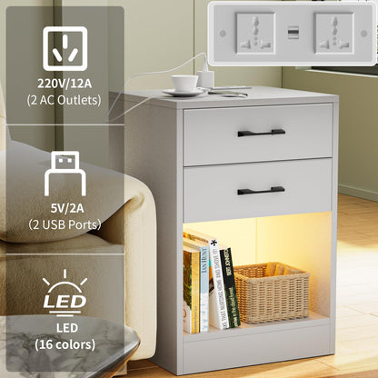 PIPIPOXER nightstand with socket & USB, bedside table LED with 2 drawers nightstand for living room, bedroom bed 40x35x60cm White