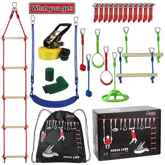 ALPIDEX Ninja Line Kids Slackline Obstacle Set Gymnastic Rings Rope Knot Swing Climbing Ladder Accessories Expandable Warrior Course 7 Year Warranty on Material*, Style: Max
