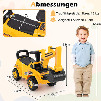 COSTWAY Ride-On Excavator for Kids, with Adjustable Shovel & Storage Space under the Seat, Excavator with Engine Sound & Tipping Protection, Ride-On Excavator for Children aged 1 year+