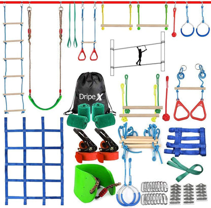 Dripex Slackline for Kids, 2×20m Ninja Slackline and Ninja Warrior Obstacle Course for Outdoor Garden, Ninja Course for Kids with Swing, Climbing Ladder, Climbing Net, and Tree Protectors, suitable for beginners.