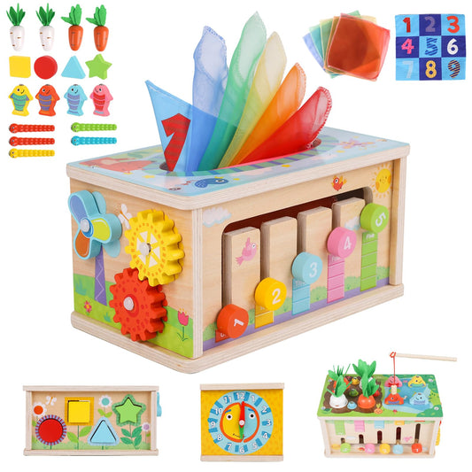 LZDMY Montessori Toy for Baby from 6 months, 6-in-1 Cloth Box with Crinkle Cloth, Wooden Motor Skills Cube Toy for 6-12 months Boys Girls, Motor Skills Toy for Children 1-3, Baby Gift
