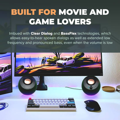 CREATIVE Pebble Pro 2.0 USB-C PC speakers with Bluetooth 5.3 and customizable RGB lighting, USB audio, and headphone/microphone jack.