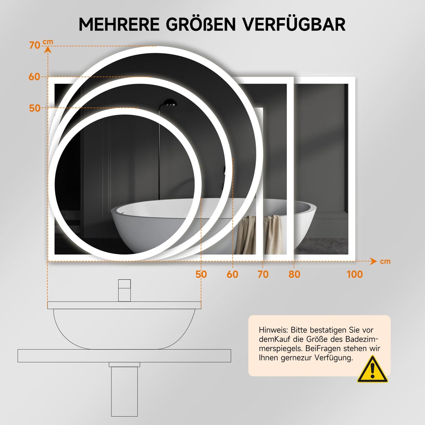 YOLEO round bathroom mirror with lighting, LED mirror with touch switch, LED fog-free bathroom mirror, 3 adjustable light colors, 50x50cm.