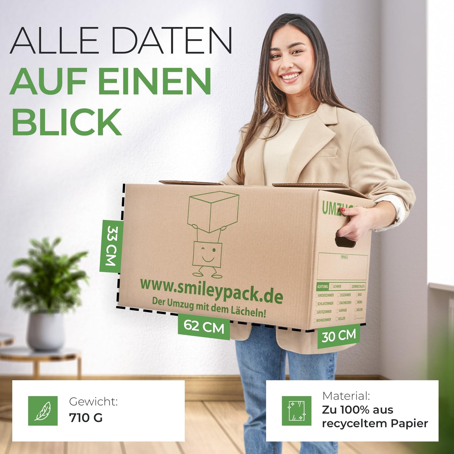 10 x sturdy moving boxes - 620 x 300 x 330 mm - Extra large and reusable - Moving box with 40kg load capacity - Moving with cardboard box - Robust moving box with lid - Storage boxes