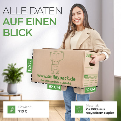 10 x sturdy moving boxes - 620 x 300 x 330 mm - Extra large and reusable - Moving box with 40kg load capacity - Moving with cardboard box - Robust moving box with lid - Storage boxes