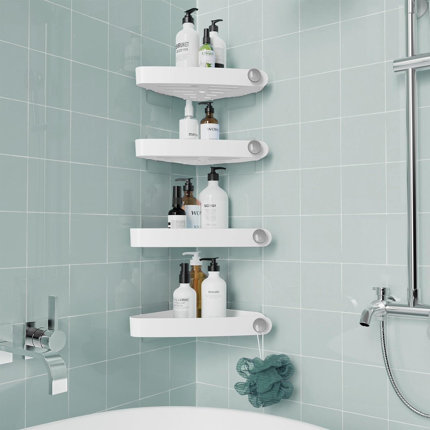 Sotfamily shower caddy without drilling corner, 4 piece shower shelf bathroom shelf without drilling with adhesive pad, rustproof plastic shampoo holder for shower for bathroom, white