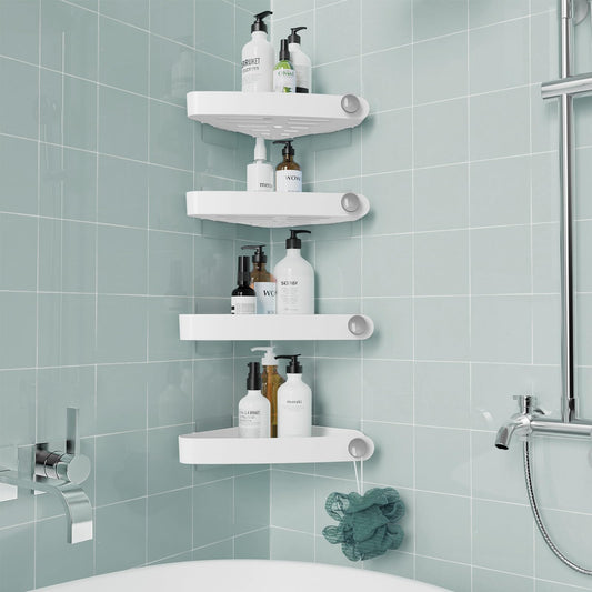Sotfamily shower caddy without drilling corner, 4 piece shower shelf bathroom shelf without drilling with adhesive pad, rustproof plastic shampoo holder for shower for bathroom, white