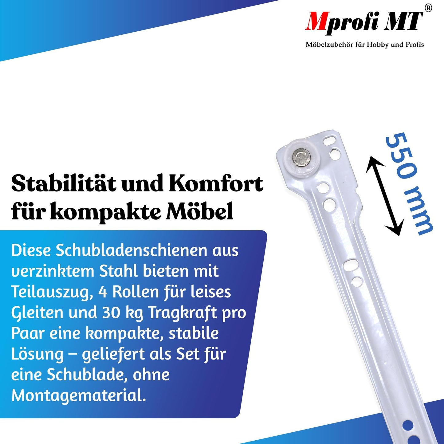 Mprofi MT® 20 pieces, 10 pairs | Drawer slides partial extension | 550mm length | Robust steel drawer slide | 30 kg load capacity | Easy installation for furniture & cabinets | White | VB550/10