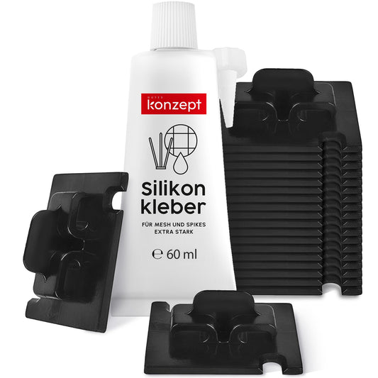 70 adhesive hooks with 60ml mounting adhesive, extra strong, for balcony cat net - no drilling, black, weatherproof, easy and quick installation