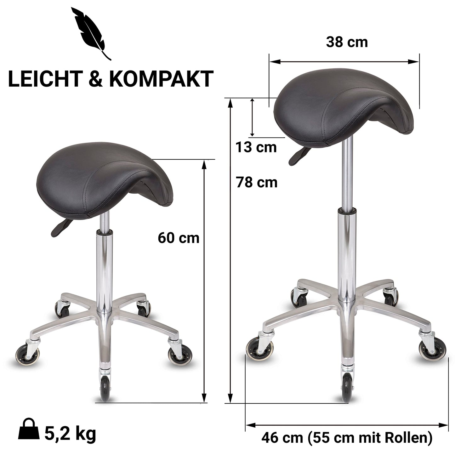 Staboos rolling stool up to 160 kg - saddle seat with gel padding - practical stool (premium wheels) swivel stool adjustable in height (55 cm to 75 cm) saddle stool