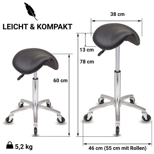 Staboos rolling stool up to 160 kg - saddle seat with gel padding - practical stool (premium wheels) swivel stool adjustable in height (55 cm to 75 cm) saddle stool