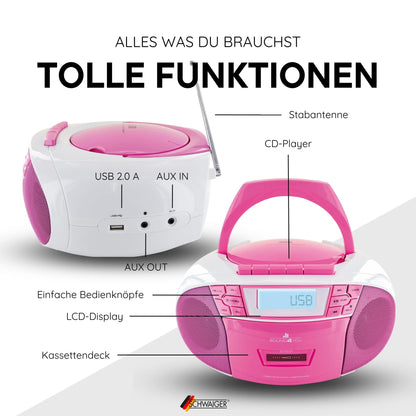 SCHWAIGER 661668- Portable CD Player with cassette and radio, MP3 USB connection, FM radio, AUX, headphones, boombox stereo for home and on the go, mains and battery operation, display