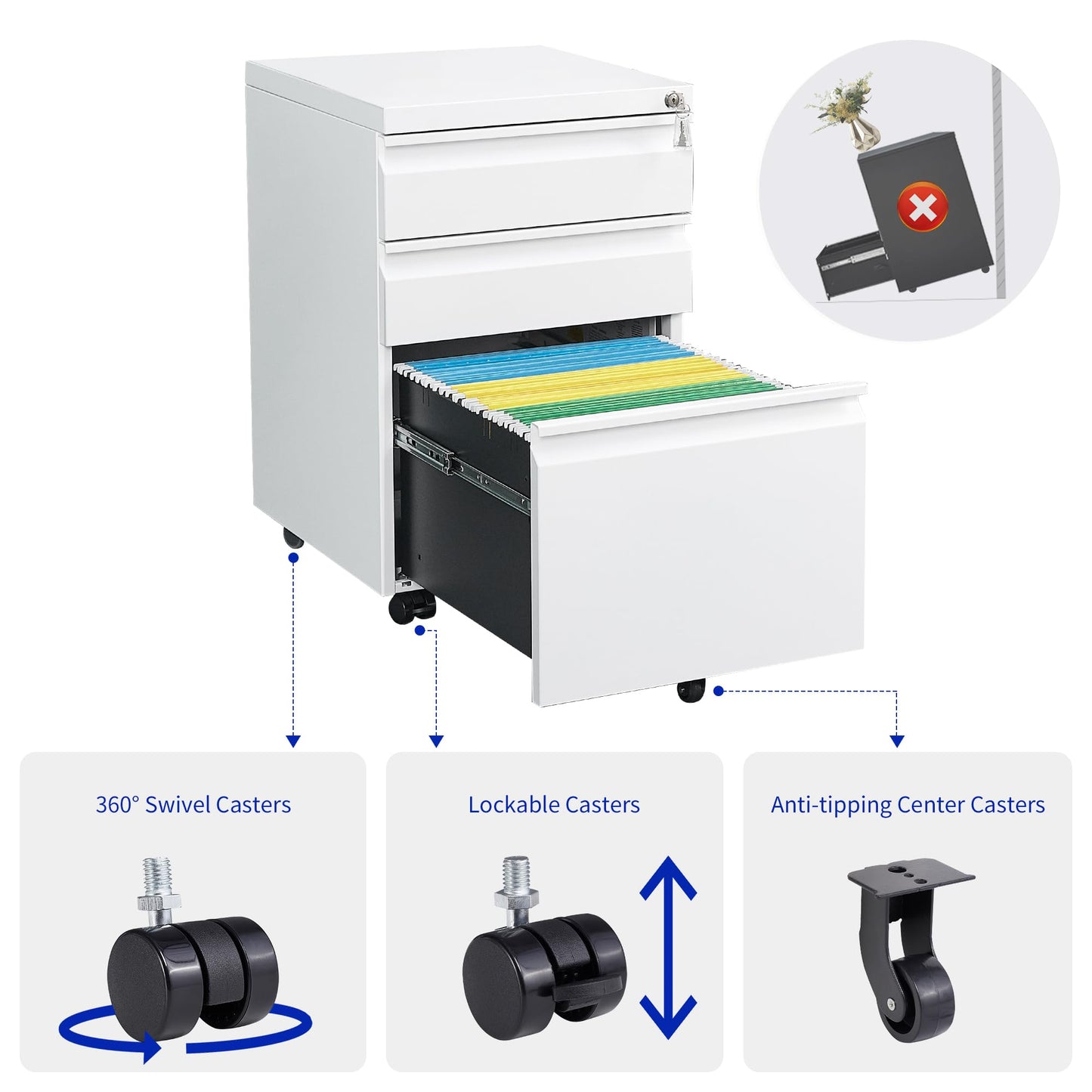 LVSTEEL rolling file cabinet, fully assembled with lock, under desk metal cabinet for home office, mobile printer stand for A4/files.