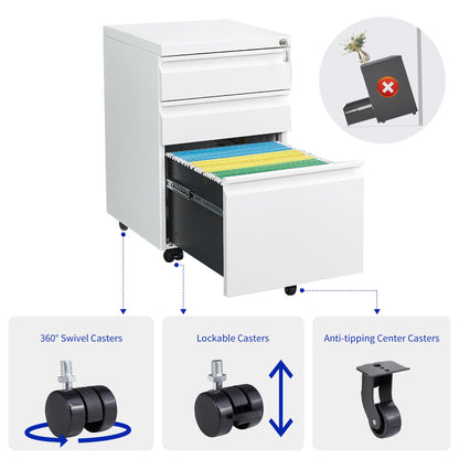 LVSTEEL rolling file cabinet, fully assembled with lock, under desk metal cabinet for home office, mobile printer stand for A4/files.