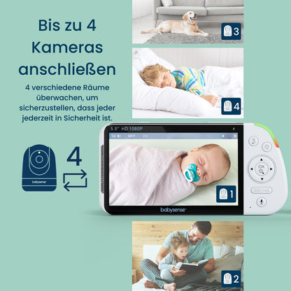 Babysense baby monitor with camera and 5.5-inch 1080p full HD split screen display, 2 cameras, RGB night light, 5000mAh large battery, 2-way audio, 4X zoom, no WiFi, Model: MaxView-2CAM
