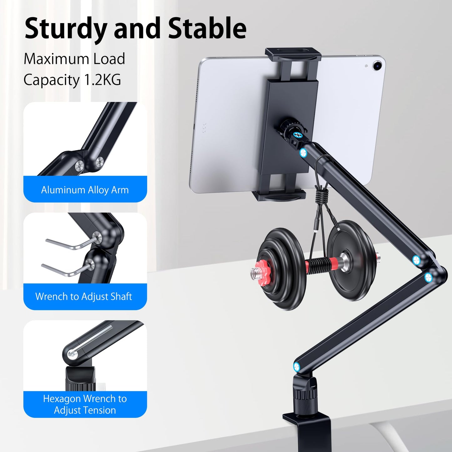 CreaDream tablet stand holder, aluminum iPad desk mount, tablet arm holder with 360° swivel metal base, suitable for iPad Air Pro Mini, Samsung Galaxy, Kindle, all 4.7-13 inch devices.