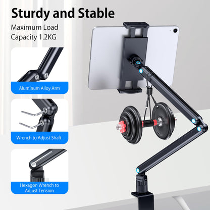 CreaDream tablet stand holder, aluminum iPad desk mount, tablet arm holder with 360° swivel metal base, suitable for iPad Air Pro Mini, Samsung Galaxy, Kindle, all 4.7-13 inch devices.