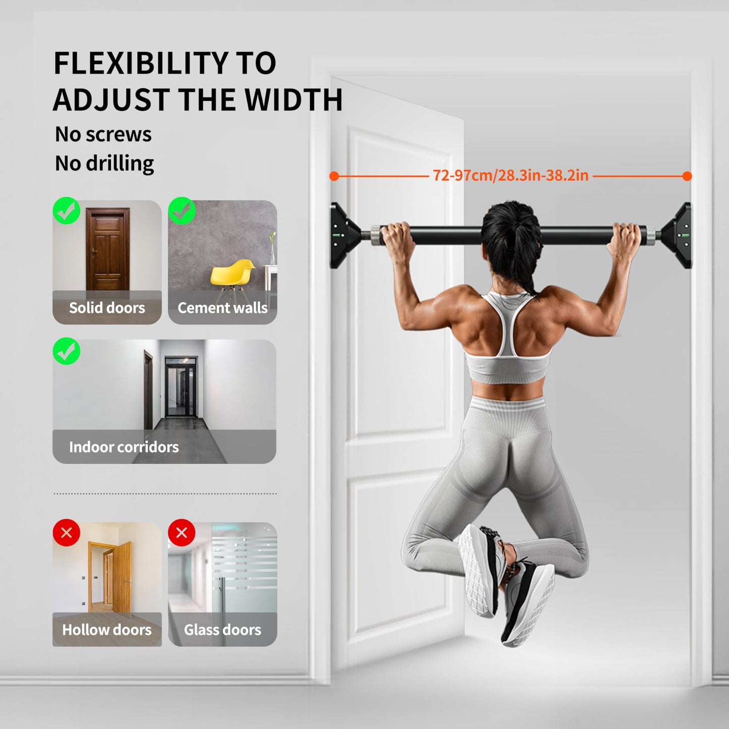 PROIRON Pull-up Bar without screws for door frame, extendable 72-97 cm, reinforced for up to 200 kg capacity, 17x5 cm PVC mats, with anti-fall protection and hand padding.