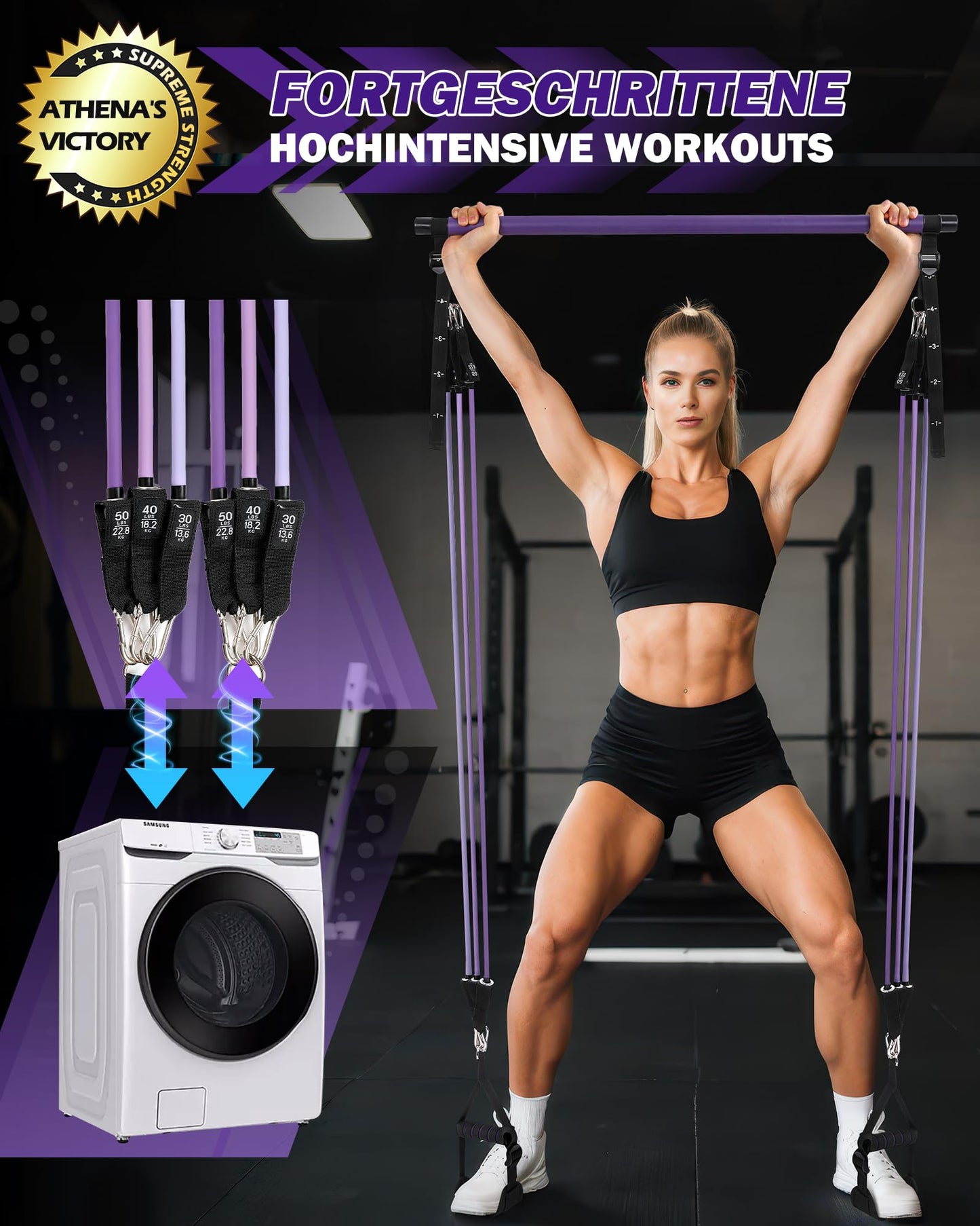 ALongSong Fitness band set with 6 resistance bands 20-180Lbs or 20-240Lbs & Pilates bar, handles, door anchor for resistance band strength training fitness equipment for home.