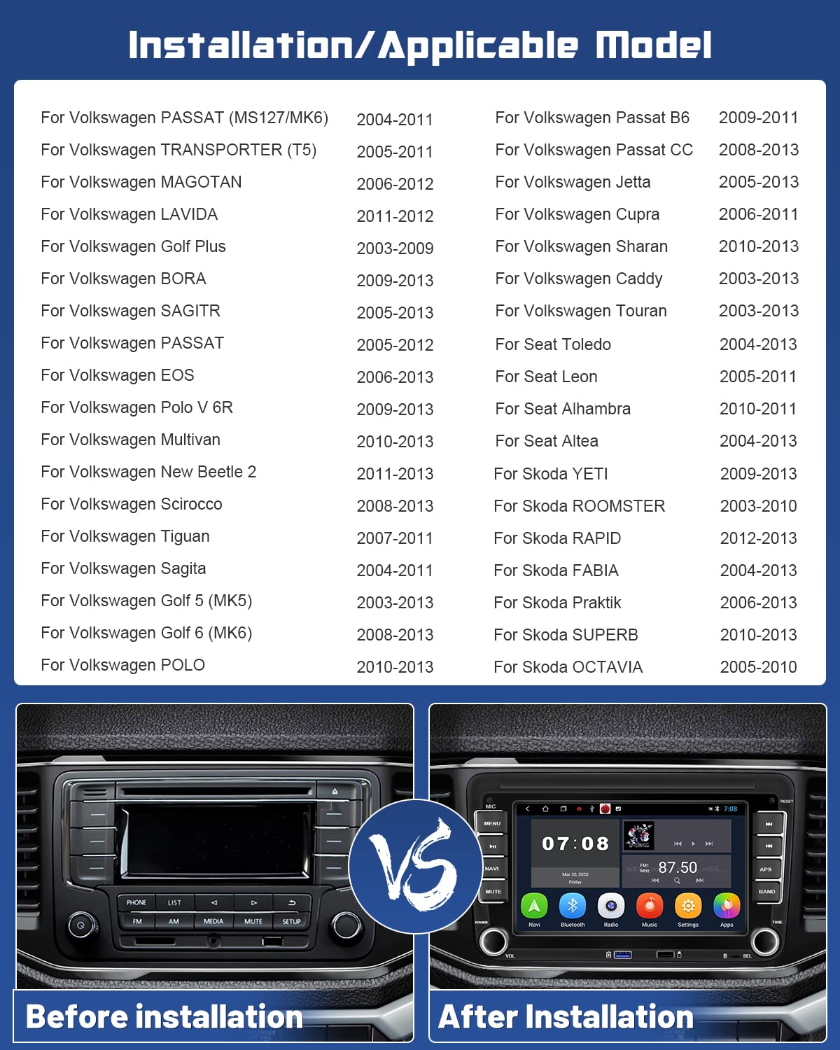 [2G+32G] Hikity Android Car Radio GPS Navigation For VW Golf 5 6 Polo T5 Tiguan Caddy Skoda Passat B6 B7 Touran 7 Inch Car Stereo 2Din with GPS WiFi Bluetooth FM USB Mirror Link MIC Rear View Camera