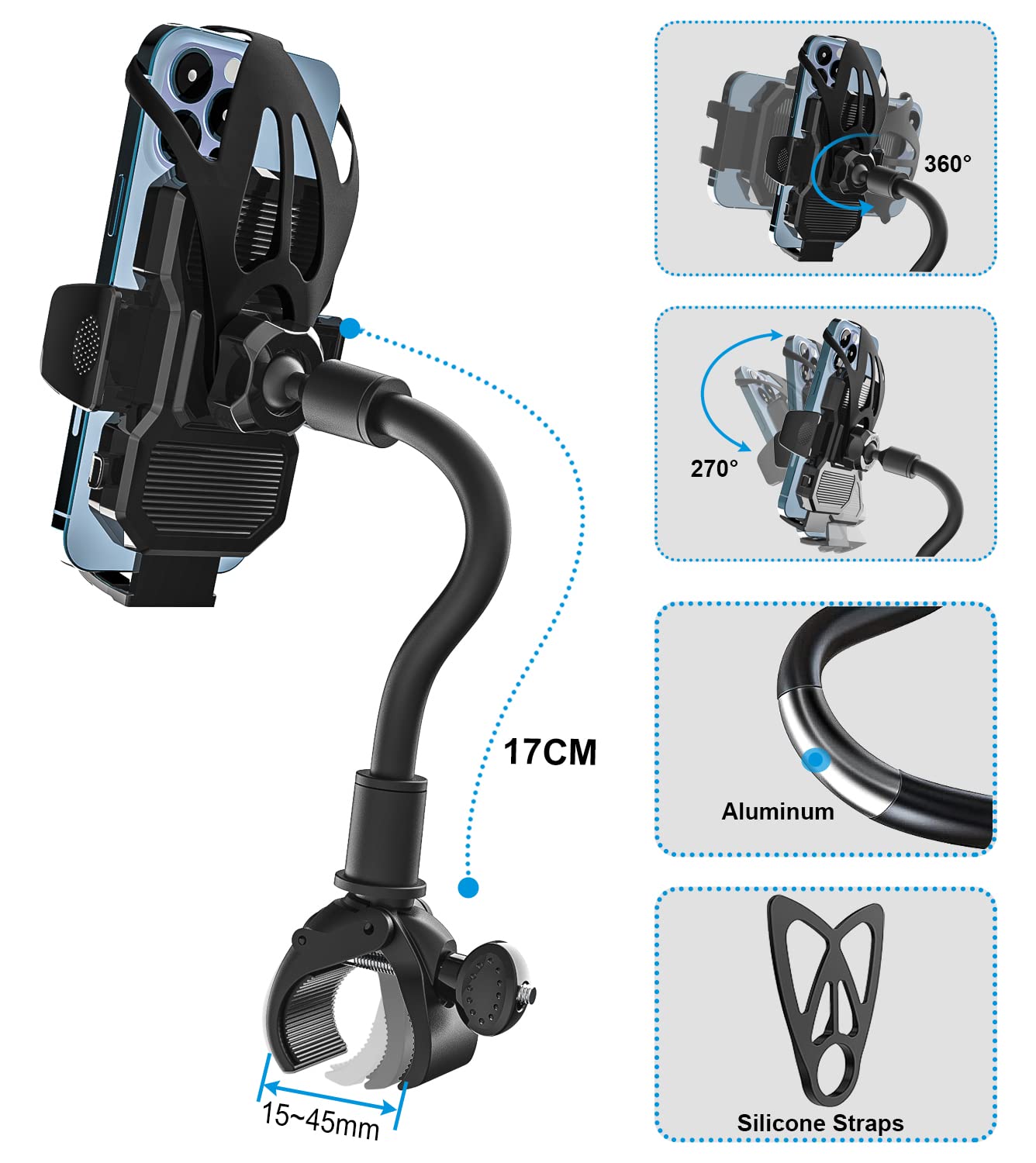 Oilcan Bike Phone Holder Flexible & 360° Rotatable, Handlebar Phone Mount for Elliptical, Treadmill, Spinning Bike, Exercise Bike. Fits iPhone 14 Pro Max, Samsung, 4-7" smartphones.