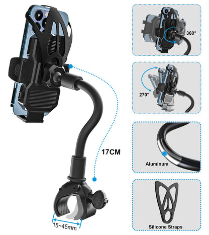 Oilcan Bike Phone Holder Flexible & 360° Rotatable, Handlebar Phone Mount for Elliptical, Treadmill, Spinning Bike, Exercise Bike. Fits iPhone 14 Pro Max, Samsung, 4-7" smartphones.