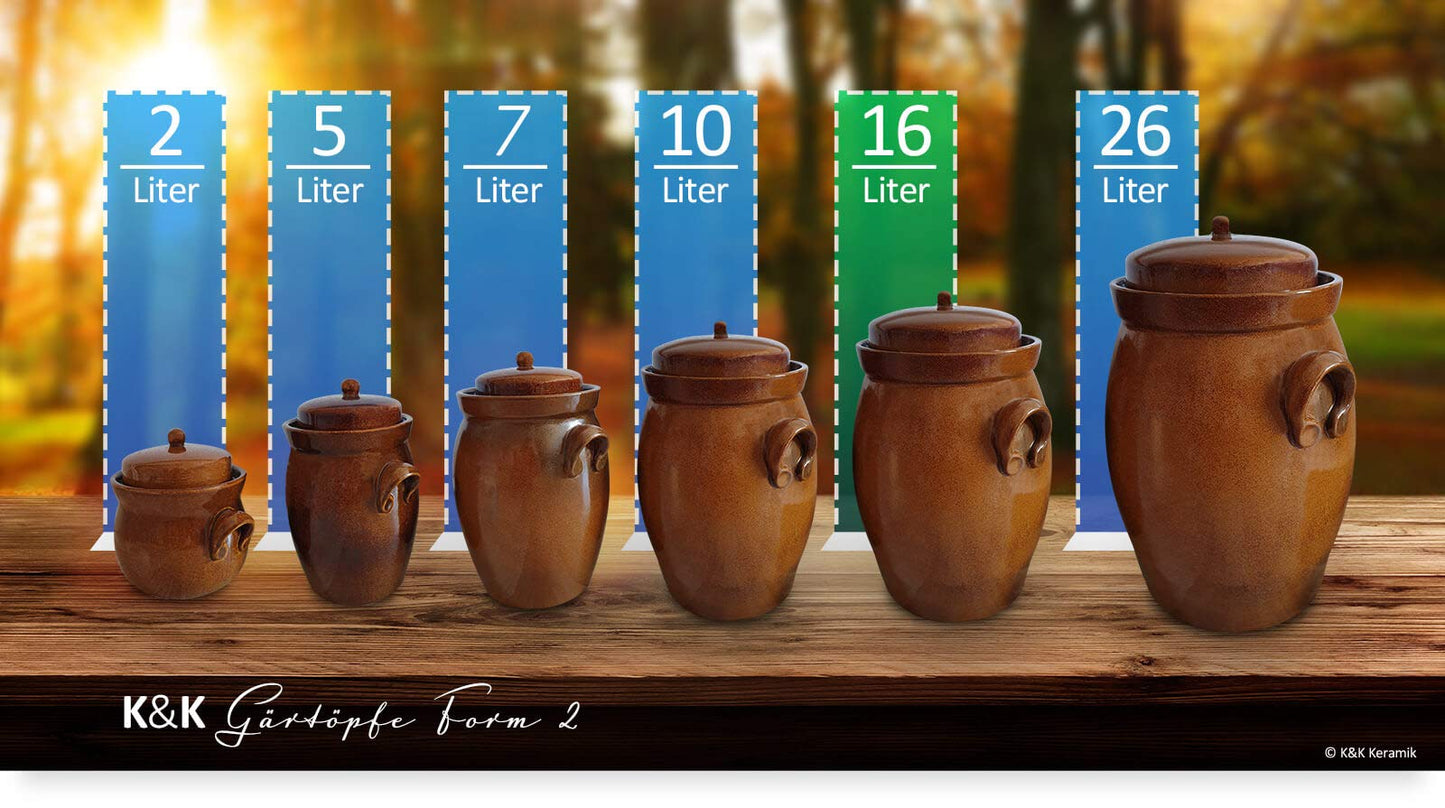 KERAZO garden pot 16 liters made of stoneware ceramic including lid + stone + instructions [Form 2] BROWN - Cucumber pot insert pot Rum pot Fermentation