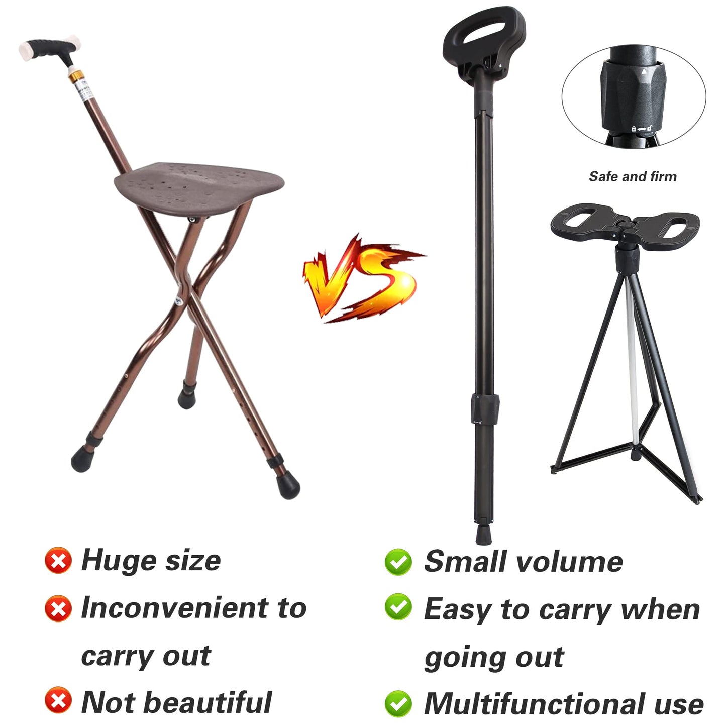 ALEVMOOM walking cane with seat, folding chair, portable, retractable, lightweight, for elderly individuals, outdoor travel.