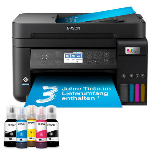 Epson EcoTank ET-3850 A4 multifunction Wi-Fi ink tank printer, with included ink supply lasting up to 3 years.