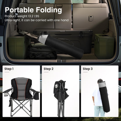 HIGH POINT SPORTS Folding Camping Chair 2-Pack 440lbs Foldable Padded Chair with Cup Holders XXL Folding Fishing Chair with Armrests Outdoor Chair Black
