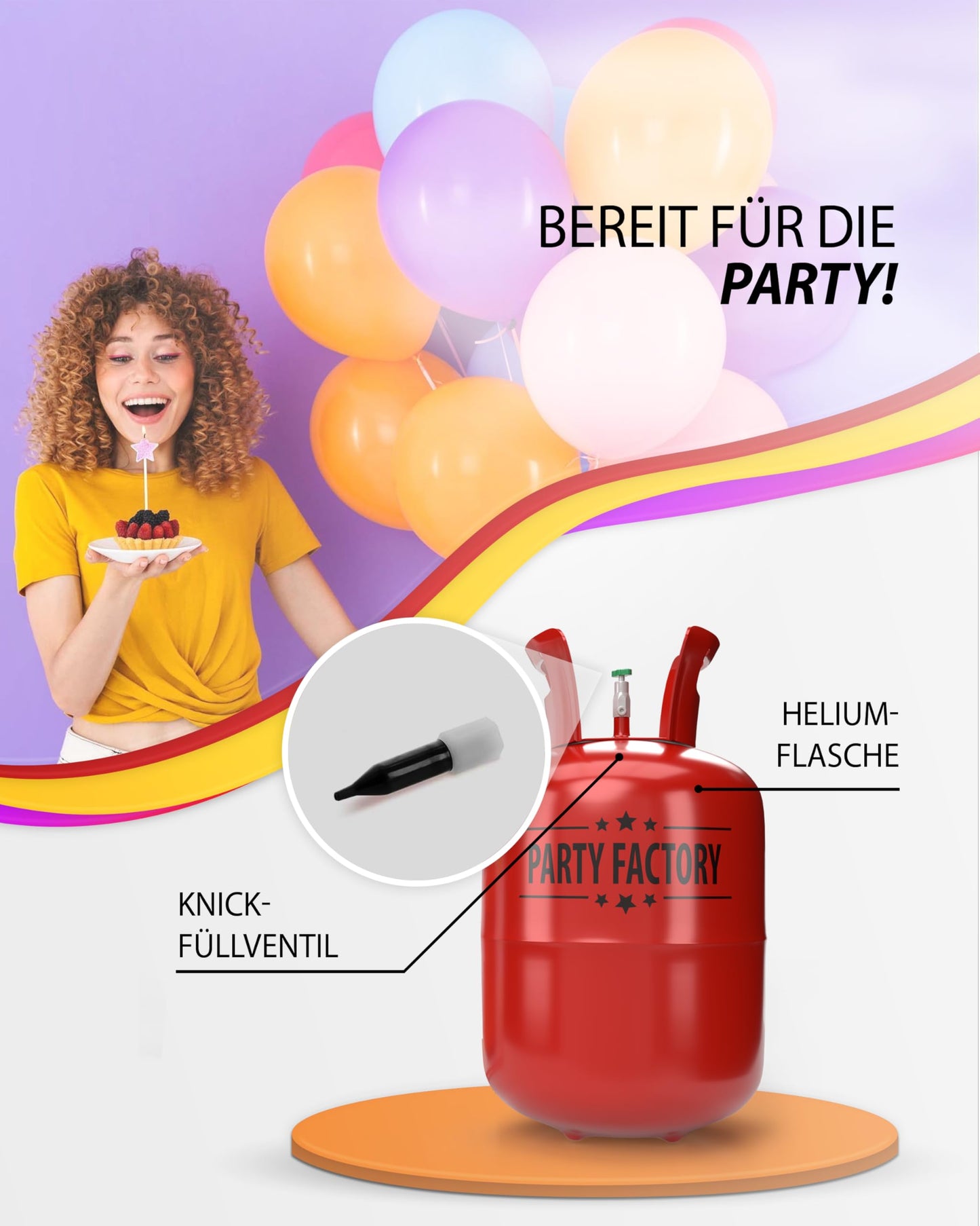 Party Factory helium gas for 30 balloons, helium gas cylinder with gas for latex, foil, and LED balloons, perfect for wedding, birthday, corporate event.