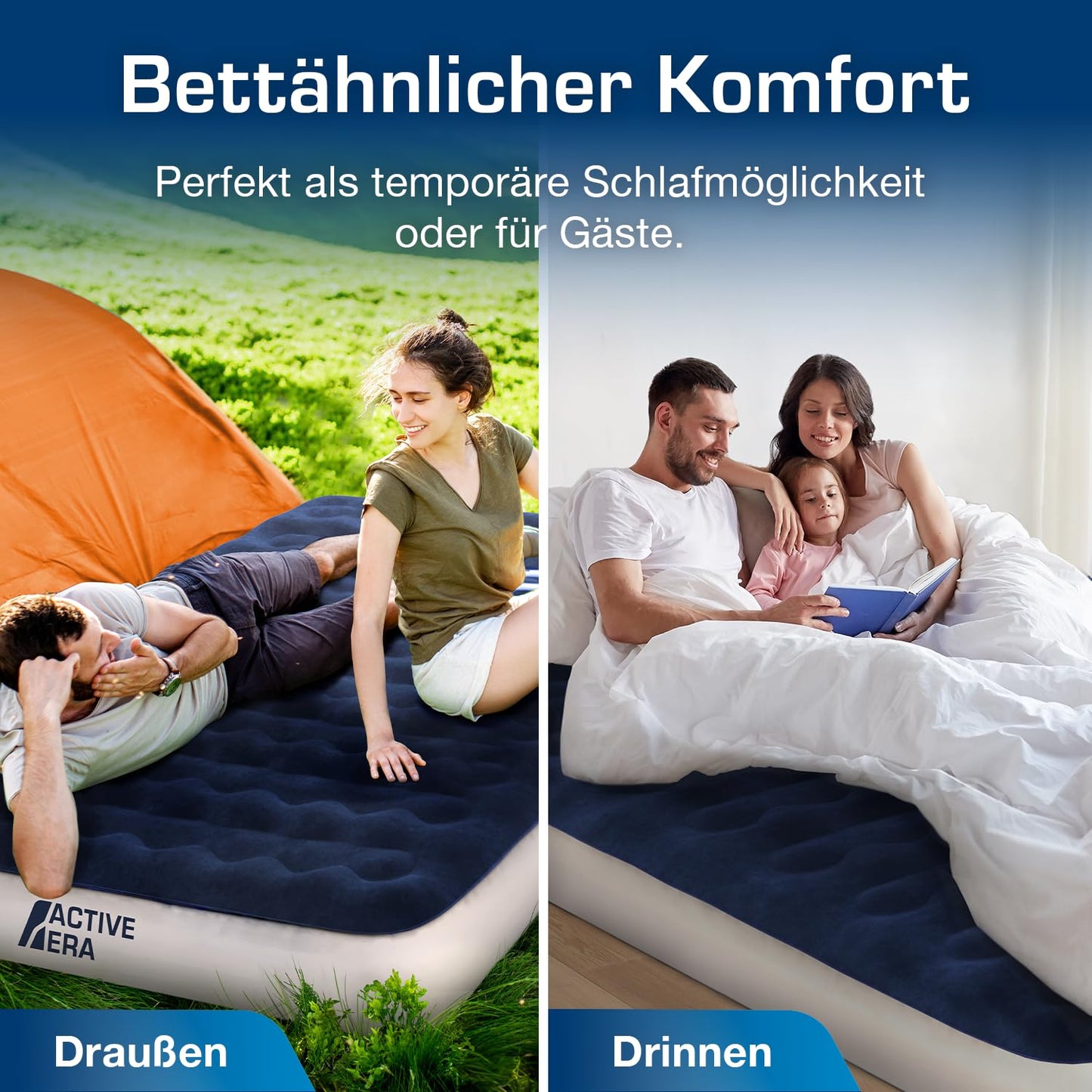 Active Era Luxury Camping Double Air Bed with Electric Pump - Air Mattress for 2 People with Portable Battery Pump and USB Charging Cable, Built-in Pillow and Carry Bag - 150 x 203 x 22 cm