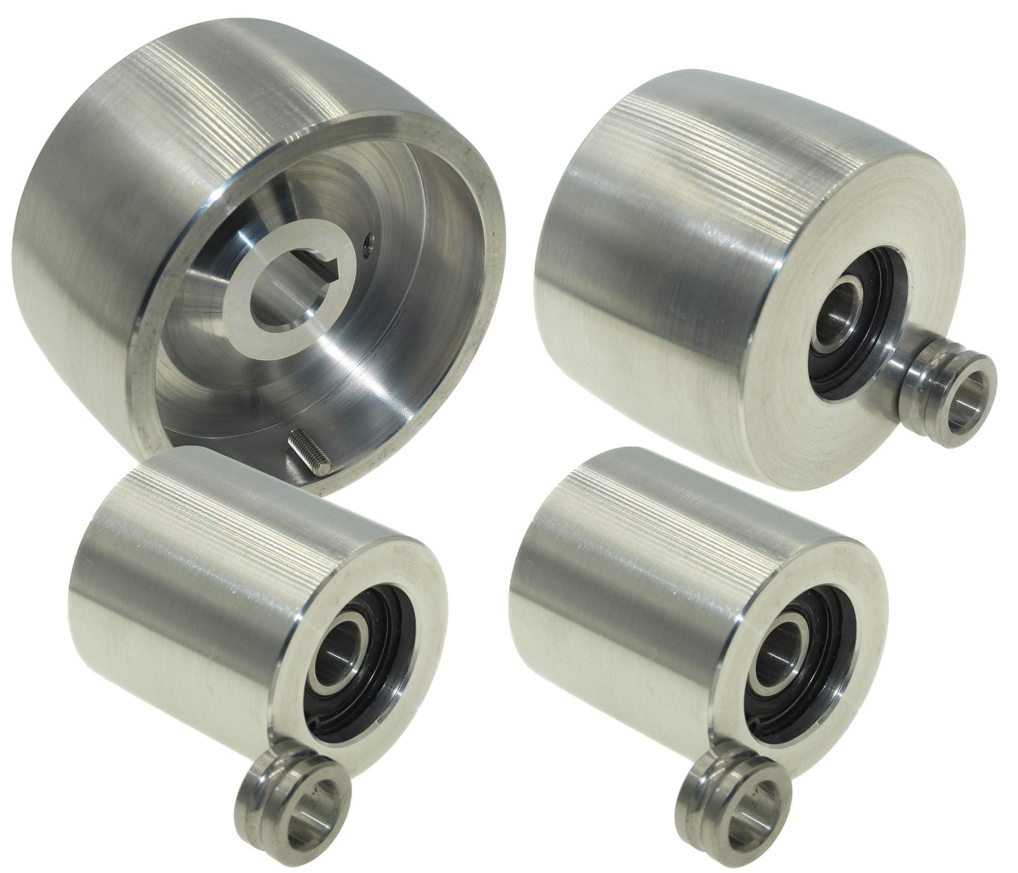 (AL4-19) CNC machined belt grinder set for knife sharpeners. 100mm drive wheel, 19mm shaft, 75mm tracking wheel, 50mm idler.
