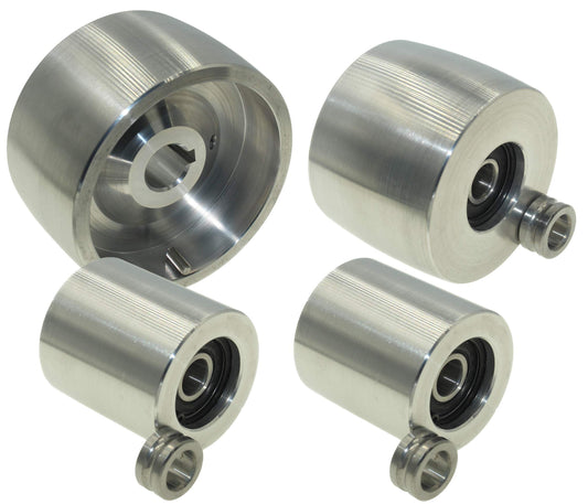 (AL4-19) CNC machined belt grinder set for knife sharpeners. 100mm drive wheel, 19mm shaft, 75mm tracking wheel, 50mm idler.