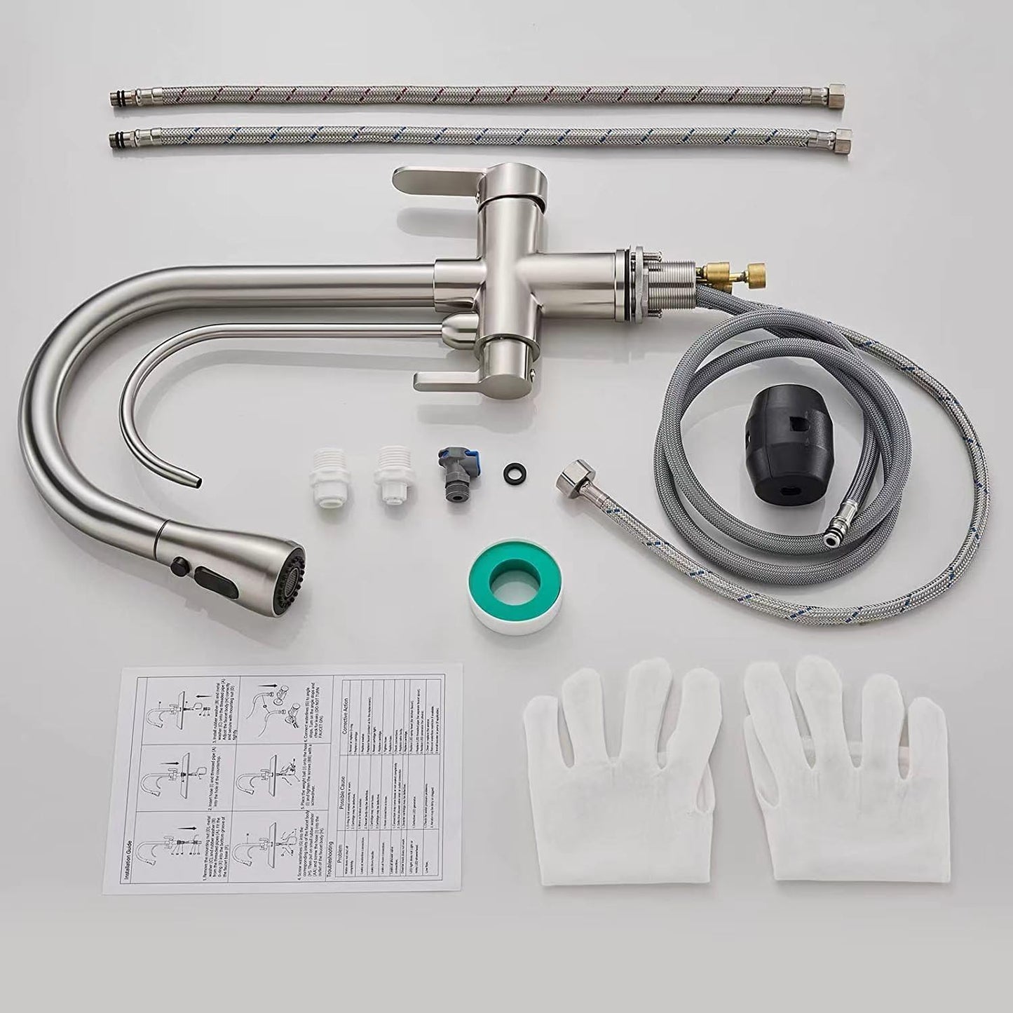 KEOKBON Kitchen Faucet with Drinking Water Faucet, 3-Way Kitchen Tap with High Arc, 3 in 1 Mixer Tap for Sink, Cold and Hot (Brushed Nickel)
