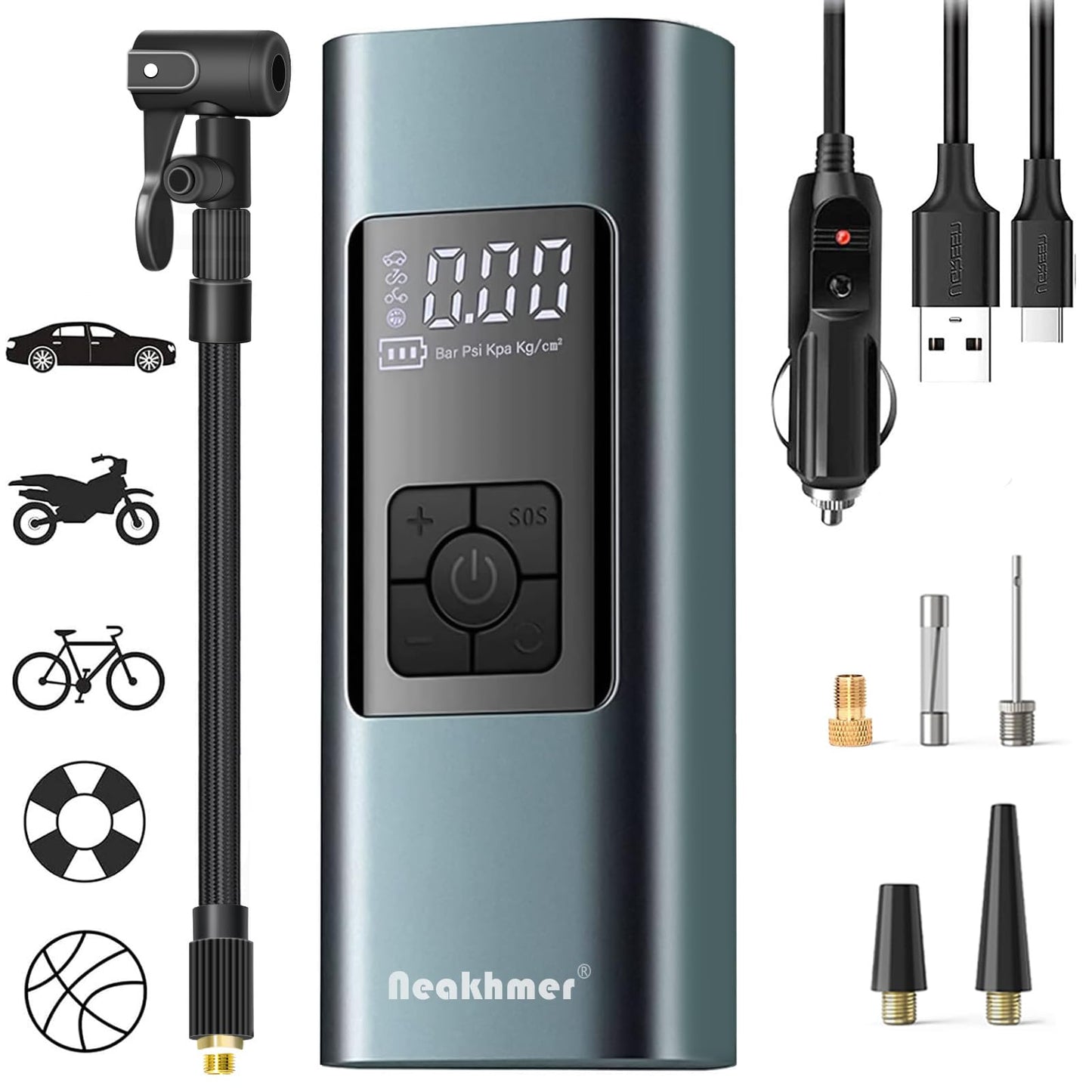 Portable air compressor mini tire pump 12V 6000mAh rechargeable electric compressor bike pump 140PSI air pump with gauge for car bike motorcycle balls, auto off, USB power bank