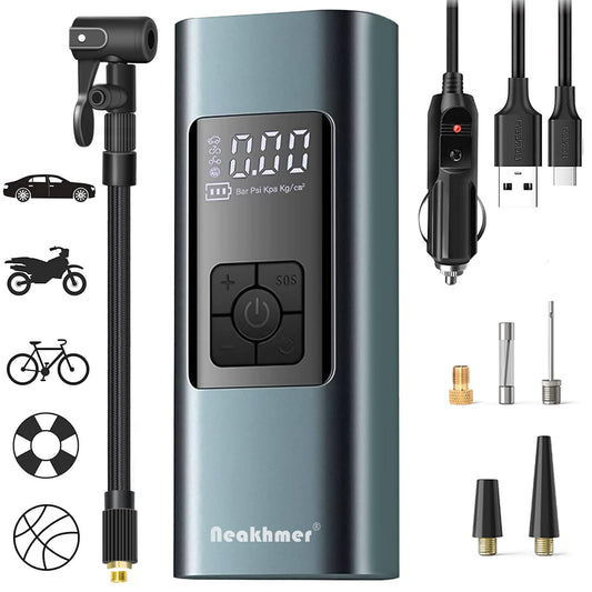 Portable air compressor mini tire pump 12V 6000mAh rechargeable electric compressor bike pump 140PSI air pump with gauge for car bike motorcycle balls, auto off, USB power bank