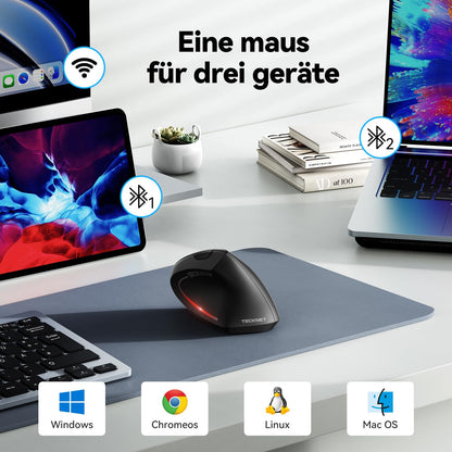 TECKNET Ergonomic Mouse, Wireless Bluetooth Vertical Mouse(BT 5.0+BT 3.0+2.4G), 6 Adjustable Levels up to 4800 DPI, Optically Quiet Wireless Mouse for Laptop/PC/Mac/Tablet/iPad(Win/Android/iOS), 6 Buttons