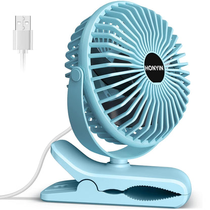 HONYIN Mini Fan with Clip, 720 Degree Rotation Small USB Fan, Strong + Stable Clamp, 3 Speed Levels, Ideal as Desk Fan in Office and Bedroom.