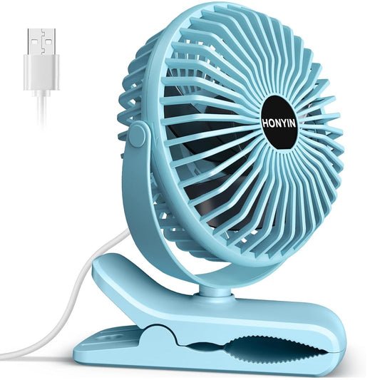 HONYIN Mini Fan with Clip, 720 Degree Rotation Small USB Fan, Strong + Stable Clamp, 3 Speed Levels, Ideal as Desk Fan in Office and Bedroom.